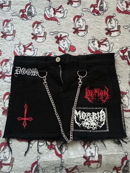 Dolls Kill Dresses & Skirts - Black Goth/ Emo/ Punk Denim Mini Skirt with chains and embroidered patches.